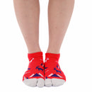 Person wearing short red Tabi Socks " Mikasayama ", front view