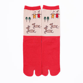 Front view of long red Tabi Socks " Nara-e "
