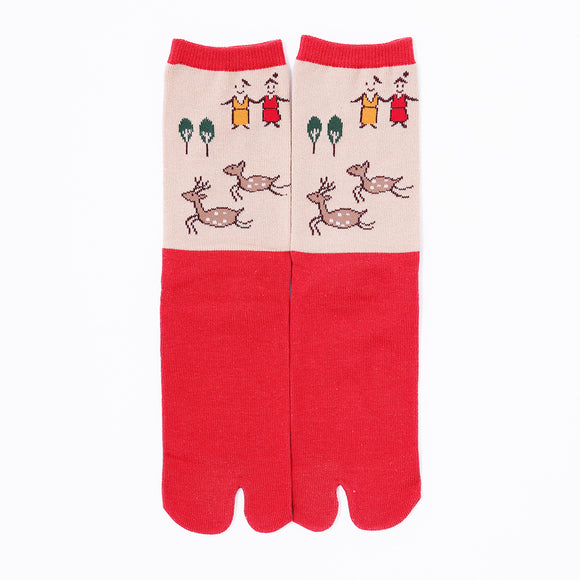 Front view of long red Tabi Socks " Nara-e "