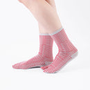 Person wearing long red Tabi Socks " Hyoshigi ", right side view
