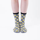 Person wearing long gray Tabi Socks " Beer ", front view